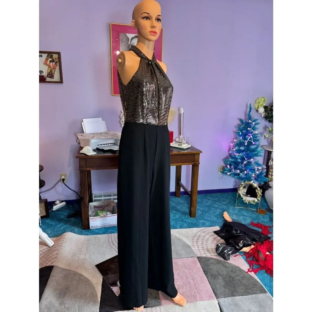 Sequin Halter Jumpsuit in Black and Bronze Gold - Picture 6 of 12